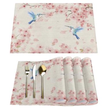 Imagem de Jogo americano conjunto de 4, tapetes de mesa beija-flor de cerejeira - jogo americano lavável resistente ao calor, tapetes para cozinha, jantar, festa, decoração de férias
