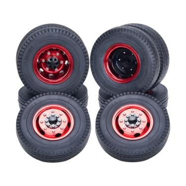 Imagem de DJX 10PCS CNC Aluminum Wheel Rims & Rubber Tires Kit for 1/14 Tamiya Trunk Climong Tractor Front & Rear Wheel Kit (Red)
