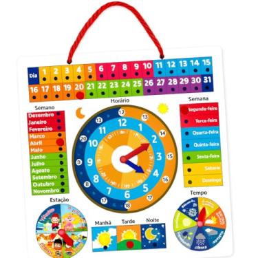 Imagem de Brinquedo educativo infantil Montessori Calendário Relógio Infantil Educativo em Madeira Brinquedo para Aprender Horas Dias Meses Estações e Clima – Jogo Interativo para Desenvolvimento Infantil