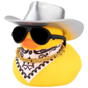 Imagem de wonuu Ornamentos de painel de carro patos de borracha, chapéu de cowboy amarelo com glitter, decoração de pato com mini boné, colar, óculos de sol (caubói prateado)