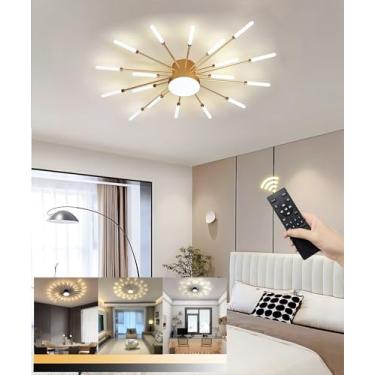 Imagem de Luminária de teto LED moderna com 18+1 lâmpadas, estilo lustre, com controle remoto, ideal para sala de estar, escritório, quarto e restaurante (Dourada, 18+1 lâmpadas).