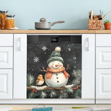 Imagem de xigua Capa magnética preta de boneco de neve de Natal, adesivos magnéticos decorativos antiarranhões para painel de geladeira e lava-louças, decoração personalizada de cozinha doméstica 58 x 66 cm