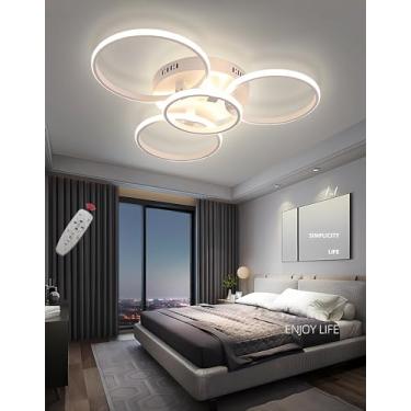 Imagem de Luminária de teto LED moderna para sala de estar, com anéis reguláveis e controle remoto. Luminária de teto embutida para sala de estar, quarto e sala de visitas (branca, 4 anéis).
