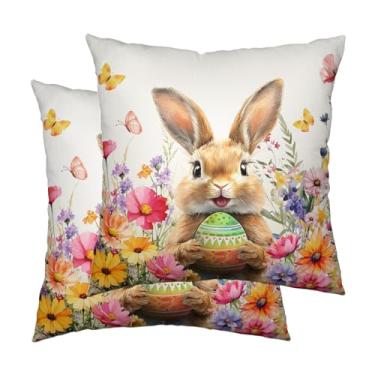 Imagem de Cryfox Capas de almofada de coelhinho da Páscoa 45,7 x 45,7 cm conjunto de 2 fronhas florais de primavera de coelho capas de almofada decorativas macias para decoração de sofá de sofá