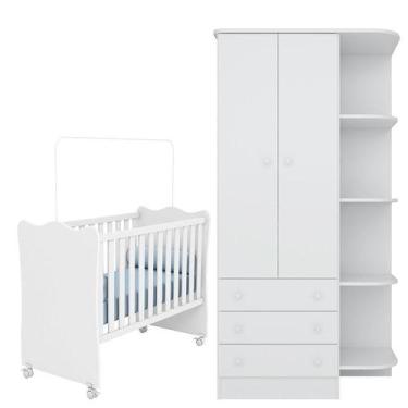 Imagem de Berço e Guarda Roupa Infantil com Cantoneira Doce Sonho Branco Brilho 