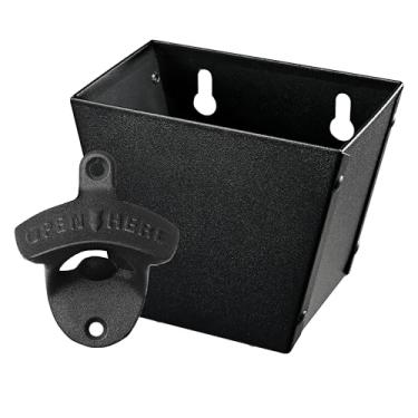 Imagem de Jumiok Apanhador de tampa de garrafa de cerveja preta, suporte de parede com abridor de garrafas, conjunto de garrafa de aço inoxidável, coletor com ralo para mesa de poste de madeira