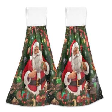 Imagem de Blueangle 2 peças de toalhas de gravata para pendurar Papai Noel feliz toalha de mão toalha de mão absorvente de veludo coral macio pano para cozinha banheiro (343)