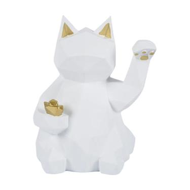 Imagem de IEUDNS Estatueta de Gato da Sorte, Estátua de Animal da Fortuna, Ornamento de Mesa, Desenho Animado, Feng Shui, Escultura Decorativa de Gato Prosperidade, Branco