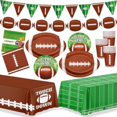 Imagem de 99 peças de utensílios de mesa de festa de futebol com banner, conjunto de 24 pratos de futebol americano guardanapos copos para decoração de festa de touchdown, pratos de papel descartáveis em forma
