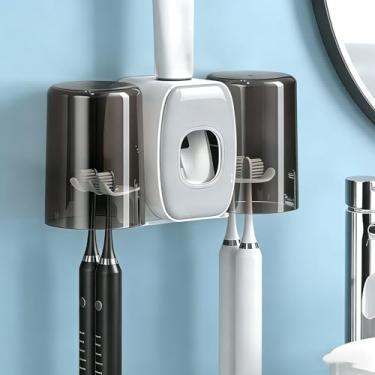 Imagem de Suporte de escova de dentes com dispensador de pasta de dente, espremedor automático de pasta de dente montado na parede, organizador de armazenamento com 2 xícaras sem perfuração para banheiro
