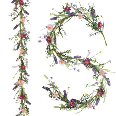 Imagem de idyllic 2 peças, guirlanda de videira lavanda rosa primavera, decoração de flores artificiais para porta da frente, mesa de cornija, escada, trilho, janela, varanda, ambientes internos e externos