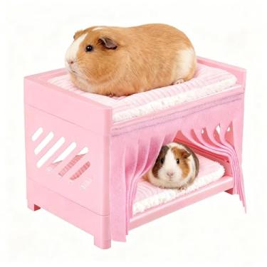 Imagem de MIsiyuo Beliche de porquinho-da-índia com almofadas laváveis, esconderijo de animais pequenos de 2 níveis para porquinhos-da-índia, chinchilas, hamsters – deck duplo de malha, laterais respiráveis
