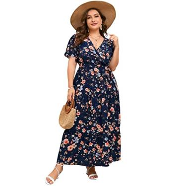Imagem de ShopWonder Vestido feminino plus size com decote em V, cintura alta, babados, vestido casual de verão com cinto, Flor de ameixa azul, XGG