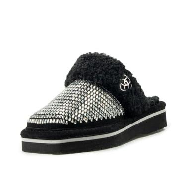 Imagem de ARIAT Pantufas femininas quentes e confortáveis para uso interno/externo, bico quadrado, plataforma exótica com cabedal de couro de camurça, Dazzle Black, 38