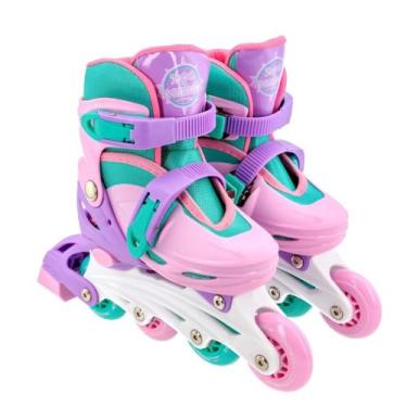 Imagem de Kit Patins Infantil com Acessórios de Segurança Rosa Claro com Capacete e Protetores Patins 4 Rodas para Crianças- Tam. 30-33