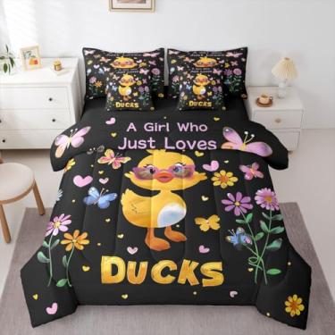 Imagem de Erosebridal Jogo de lençol Kawaii Queen com estampa de pato, para meninas e crianças, para amantes de patos, 7 peças, lençol de cima com elástico