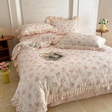 Imagem de BuLuTu Conjunto de capa de edredom de princesa floral rosa, tamanho king, vintage, estilo fazenda, renda, babados, com zíper e 4 laços, jogo de cama king 100% musselina de algodão para meninas e