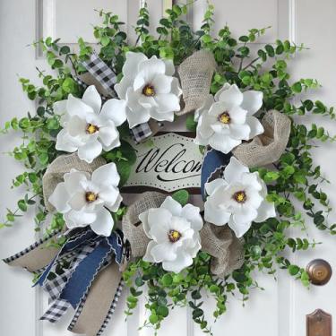 Imagem de Guirlanda artificial de magnólia e eucalipto para porta da frente ao ar livre – Flor branca falsa de 61 cm com placa de abençoada, guirlanda de vegetação o ano todo para decoração de casa de entrada