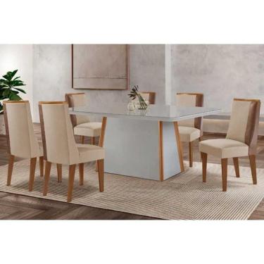 Imagem de Conjunto: Mesa de Cozinha Tilia Curvo 180cm + 6 Cadeiras Tilia Madeira Naturale/Off White - Capuccino/Suede Creme - Rufato