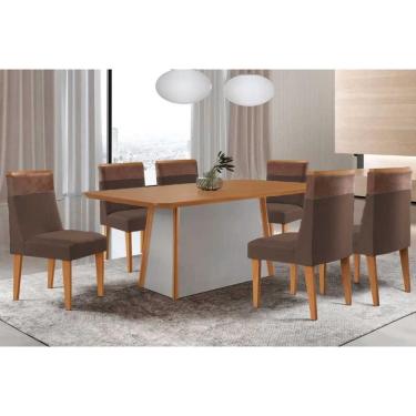 Imagem de Conjunto: Mesa Sala Jantar Tilia c/ Tampo Madeirado Canto Curvo 180x90cm e 6 Cadeiras Jaspe Naturale/Off White - Suede Marrom - Rufato