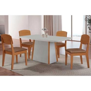 Imagem de Conjunto: Mesa Sala Jantar Tilia c/ Tampo Madeirado c/ Vidro Canto Curvo 120x80cm e 4 Cadeiras Havana Naturale/Off White - Corano Capuccino - Rufato