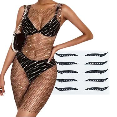 Imagem de Kit Brilho Vestido Rede Telinha Sobreposição Pontos Strass + Delineador Adesivo Gatinho Festa Balada Carnaval 36/42