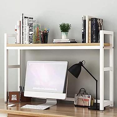 Imagem de Estante de mesa de ferro forjado – Prateleira de mesa de computador industrial, suporte organizador de bancada multiuso para mesa de computador, suporte de exibição de metal de madeira, para