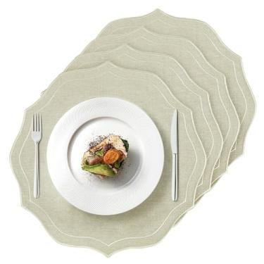 Imagem de Conjunto de 4 jogos americanos de linho de algodão, tapetes de mesa redondos de pano recortado de 38 x 38 cm, lavável na máquina, tapetes de tecido resistente a vincos para casamento, verão, chá de