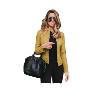 Imagem de Jaqueta Curta Feminina De Couro PU Com Zíper Para Outono Inverno - Mod