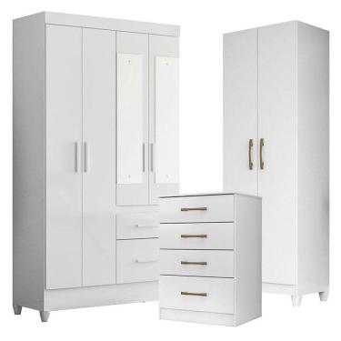 Imagem de Guarda Roupa Com Espelho Infantil Madri Com Cômoda Ms913 E Armário Multiuso New íris Branco Brilho - Moval