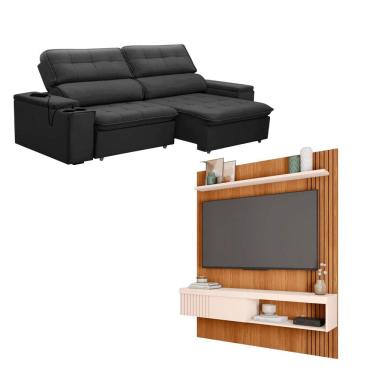 Imagem de Kit Sofa Ferguile Genebra 3 Lugares Retratil com USB e Painel TV 55 Esmeralda Caemmun