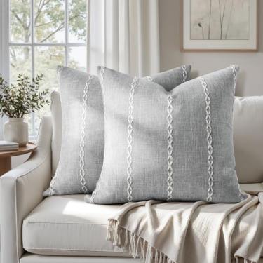 Imagem de HOMEIDEAS Farmhouse Capas de almofada decorativas 45,7 x 45,7 cm, conjunto de 2 capas de almofada listradas cinza, capas de almofada de linho falso para sofá, cama, decoração de casa