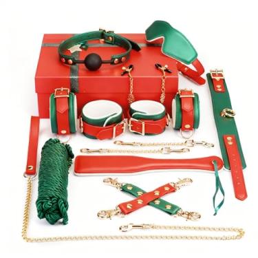 Imagem de Conjunto premium BDSM Bondage de 10 peças - kit de torção de couro festivo vermelho, verde e branco com forro de pele sintética macia e ferragens douradas - Inclui algemas, punhos no tornozelo