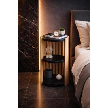 Imagem de Mesa de Cabeceira Redonda Ripado 60cm mesa de cabeceira MDF Moderno - 