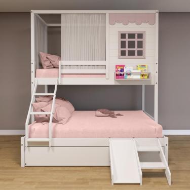 Imagem de Treliche Casinha Reta Casal- Solteiro Com Escorregador E Cortina Madeira Maciça Branco- Rosa Housin
