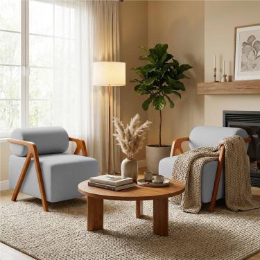 Imagem de Kit 2 Poltronas Chloe Decorativas Orgânicas Bouclé Premium de Luxo para Sala Quarto Recepção Encosto Rolo Estrutura Amadeirada