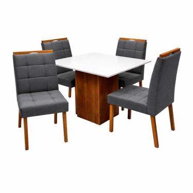 Imagem de Mesa de Jantar Dakota 90x90cm Sem Vidro e 4 Cadeiras Giulia em Linho Estofadas Cel Móveis Cor Cinamomo Off White com Tecido Cinza