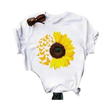 Imagem de Camiseta Feminina Preta Com Estampa De Borboleta E Girassol Kawaii, Co