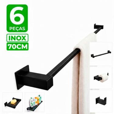 Imagem de Toalheiro Inox 70cm - Kit Acessórios Banheiro 6 Peças Preto Fosco - De