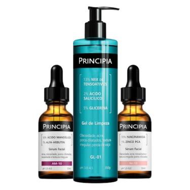 Imagem de Kit Principia Anti-Acne Trio com um gel de limpeza com 2% de ácido salicílico e 5% de glicerina, um sérum com 10% de Niacinamida e um sérum com 10% de Ácido Mandélico + Alfa-arbutin