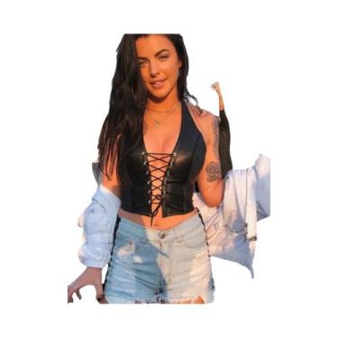 Imagem de Top Cropped Feminino Sexy Punk Y2K Em Couro PU Preto, Sem Mangas, Deco