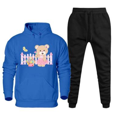 Imagem de Conjunto Abrigo Moletom Canguru Com Capuz Feminino Plus Size Estampa Ursinho Calça Confortavel-Feminino