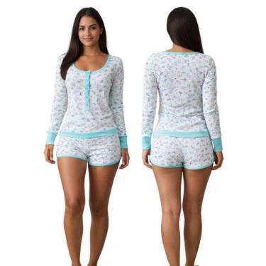 Imagem de Pijama Feminino Macaquinho Com Botões Manga Longa e Short - mult mix, 