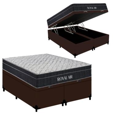 Imagem de Kit Cama Box com Baú Queen Bipartido Royal Air Molas Ensacadas Tecido Sintético Marrom Royal