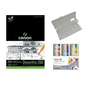 Imagem de Kit Papel Canson Desenho + Aquarela Pentel Tubo 24 cores + Gode Sinoar