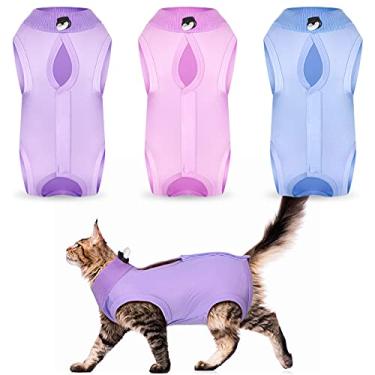 Imagem de Nuanchu Conjunto de 3 peças para recuperação de gatos e gatinhos, coleira eletrônica, para gatos e cães, pele abdominal, antilambe; conjuntos de roupas de pijama (pequeno, estilo sólido, roxo rosa