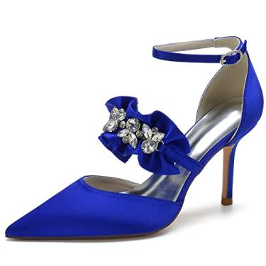 Imagem de Sandálias femininas com strass para casamento Mary Jane bico fino cetim sapatos plissados noiva, Azul, 6.5