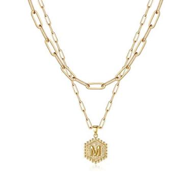 Imagem de M MOOHAM Colares delicados com inicial para mulheres, colar de camadas banhado a ouro 14K para mulheres, lindo colar de letras hexagonais, colares em camadas para adolescentes e adolescentes