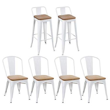 Imagem de Loft7, KIT - 4 cadeiras + 2 banquetas altas Tolix com encosto - Branco com assento de madeira rústica clara