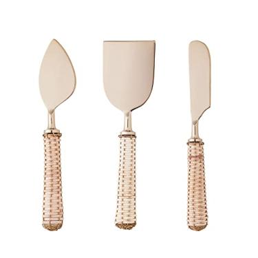 Imagem de JOGO DE FACAS PARA QUEIJO WOLFF 3 PEÇAS COM CABO DE RATTAN DOURADO